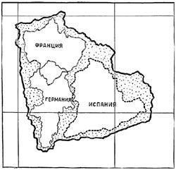 Рис. 40. Сравнительная величина поверхностей Франции, Германии, Испании (границы показаны пунктирными линиями) и Боливии (граница показана жирной линией)