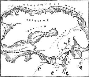 Рис. 51. Пунктиром показан путь до прорытия ББК - вокруг Скандинавского полуострова. Стрелка показывает теперешний путь через ББК им. Сталина