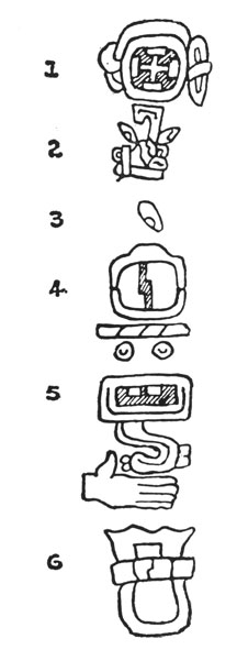 Сапотекская надпись из Монте-Альбана (стела № 1), некоторые знаки которой мы уже можем прочесть (знак № 1 - солнце, № 4 - календарная дата, № 5 - 'небеса' и, наконец, № 6 - знак окончания записи)